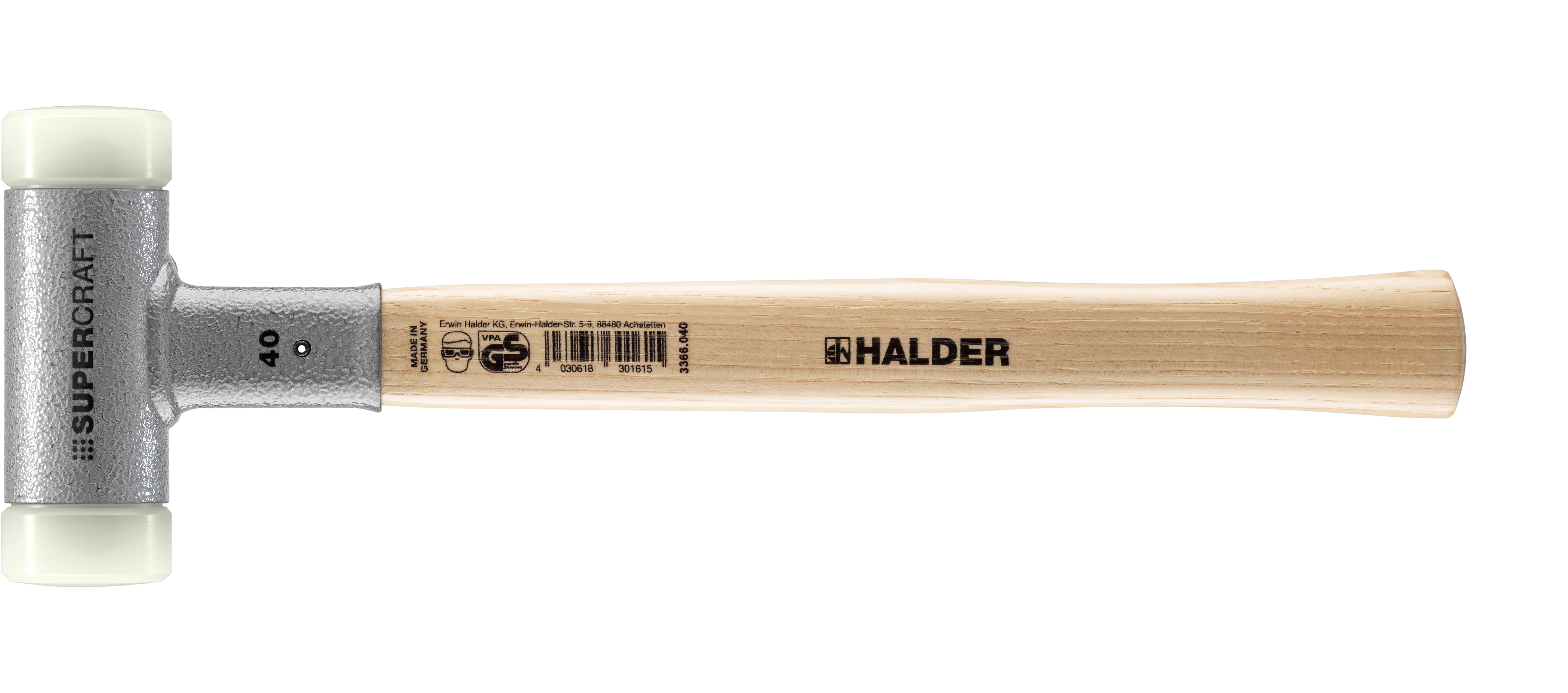 HALDER SIZE 40 SUPERCRAFT-MALLET NON-REBOUND, HICKORY HANDLE, SIZE 1.57" NYLON FACES | 3366.040